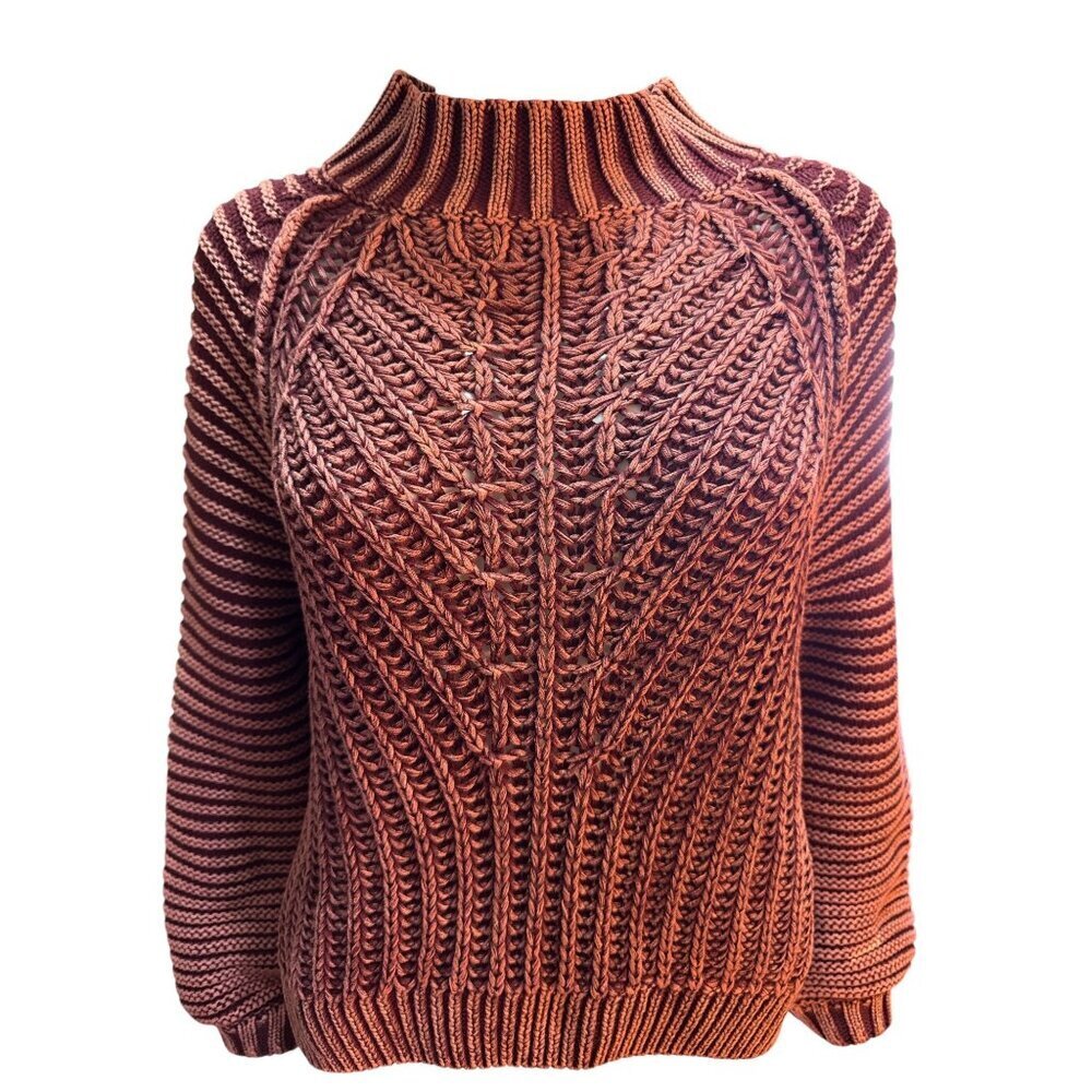 Free People Chunky Knit Mock Neck Sweater in Garnet Grotto Size L Spring  EUC